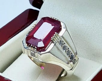 Echte smaragd geslepen rode robijn sterlingzilver 925 handgemaakte ring, vierkante rode robijn herenring, verjaardagscadeau, robijn ring