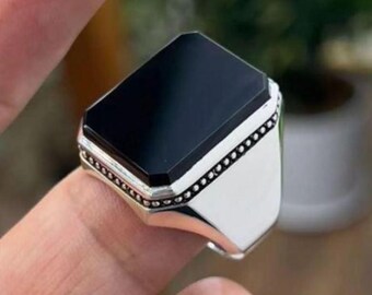 Echte zwarte agaat sterlingzilver 925 handgemaakte ring vierkante zwarte Aqeeq-ring, hoogwaardige zwarte agaatring