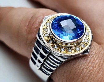 Echte blauwe topaasring, sterlingzilver 925 handgemaakte blauwe topaasring, blauwe topaasring heren, verjaardagscadeau, cadeau voor hem