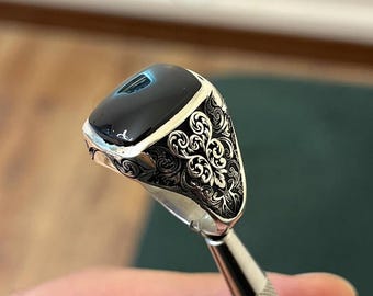 Yemni BlacknAqeeq-mannenring, sterlingzilver 925 handgemaakte Aqeeq-ring, prachtige ring van echt agaat
