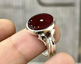 Dieprode Jemenitische agaatring heren: Aqeeq-ring 925 sterlingzilver