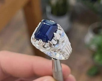 Ring met smaragd geslepen natuurlijke blauwe saffier, handgemaakte herenring 925 sterlingzilver