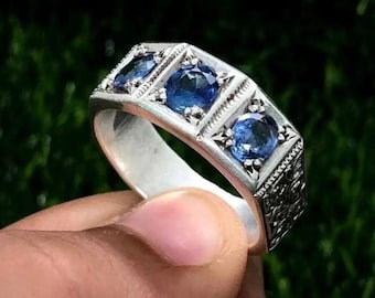 Echte Ceylon blauwe saffier sterlingzilver 925 handgemaakte ring, hoogwaardige gecertificeerde blauwe saffierring