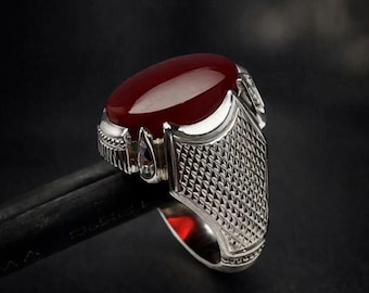 Echte rode Aqeeq-ring voor heren: hoge kwaliteit rode Jemenitische agaat 925 sterlingzilver