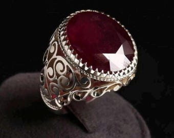 10 karaat robijn sterlingzilver 925 handgemaakte robijnring, dieprode robijnrode ring Birma, cadeau voor hem