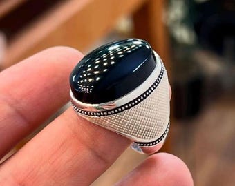 Echte Yemni zwarte agaat sterlingzilver 925 handgemaakte ring ovale zwarte Aqeeq-ring
