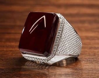 Echte dieprode Jemenitische agaat 925 sterlingzilveren handgemaakte Aqeeq-ring voor heren