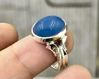 Diepblauwe Jemenitische agaatring heren: Aqeeq-ring 925 sterlingzilver