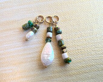 SET of 3 Earring charms/ interchangeable earring charms/ Freshwater pearls and czech glass/ boho earring charms turquoise green. Gold/silver