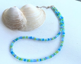 Colorful "Sea Glass" frosted Czech glass beads necklace with clasp adjustable 16"-18" add your own charms!