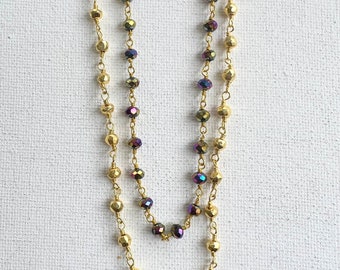 Pyrite Gemstone Rosary chain necklace with lobster clasp, Iridescent Blue Crystal or Gold. Gold wire work, 18” -20” adjustable length