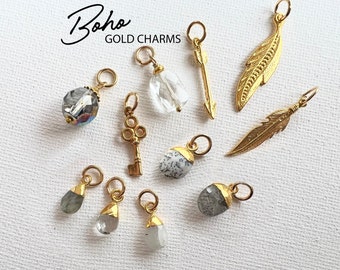 1pc Boho Gold add-on charms 18k gold plate, gemstone, Czech glass, quartz, add to your favorite chain or bracelet.