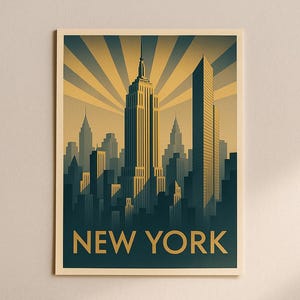 Cartão-postal de Nova York – Cartão comemorativo digital A6 – Empire State Building • Horizonte Art Déco – Arte de Nova York para impressão | Um brinde gráfico