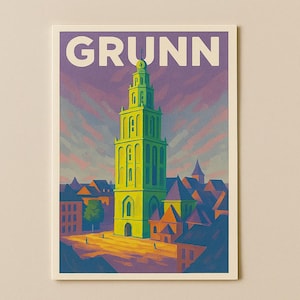 Carte postale de Groningen – Carte de voeux numérique A6 – Martinitoren • Art urbain néerlandais – Poster imprimable GRUNN | Un toast graphique