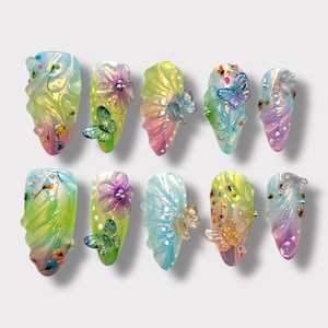 3D Butterfly & Flower Press On Nails – Iridescent Fairycore Nail Art