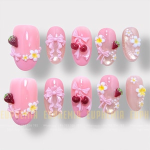 Coquette Press On Nails – Pink Bow & Strawberry Fake Nails – 3D Cute Aesthetic Nail Set for Girls