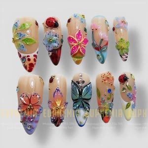 Blooming Fantasy | Handmade Press-On Nails – Floral Magic, Butterfly & Gem Art