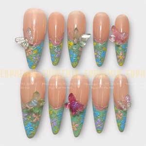 Oil Painting Meadow Press-On Nails – 3D Butterfly Floral Garden Nails | Whimsical Fairycore Nail Art | Handmade Pastel Nails