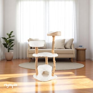 4-Level Wooden White Cat Tree with Condo and Fluffy Cat Bed | Plush Cat Shelf and Cozy Basket For Cats on top | Washable Soft Pillow Pet