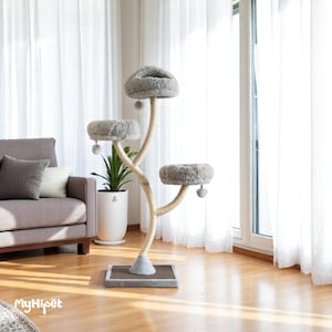Modern Gray Cat Tree Tower with Perch & Sisal Post | Soft Cat Bed for Large Cats | Stylish Kitty Condo Furniture | Cat Gifts | Cat Climbing