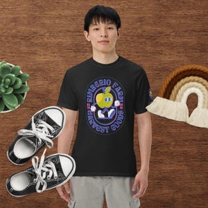 Retro cartoon workout t-shirt design with motivational phrase and cute mascot on black background