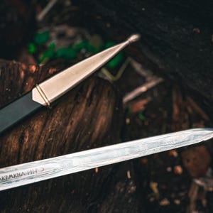 May include: Close-up of a sword and scabbard. The sword blade is silver with etched markings. The scabbard is black with a gold-colored band near the top. The background is a dark, textured surface.