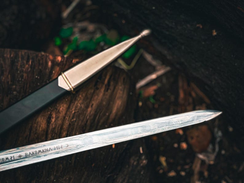 May include: Close-up of a sword and scabbard. The sword blade is silver with etched markings. The scabbard is black with a gold-colored band near the top. The background is a dark, textured surface.