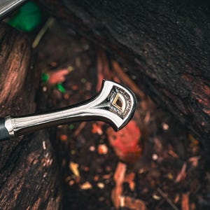 May include: Close-up of a sword handle with a silver finish and a decorative gold and silver emblem. The handle is wrapped in black leather. The sword rests on a bed of dark wood and foliage.