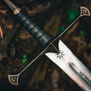 May include: A detailed image of a sword with a silver blade and black handle. The blade features a starburst design and etched markings. The hilt has gold accents. The sword is set against a blurred, natural background.