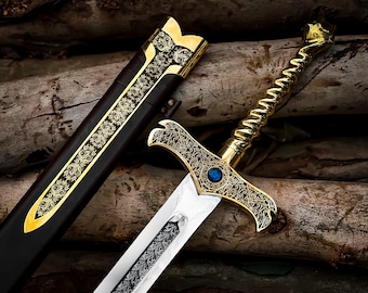 Merlin Sword Rise of the Merlin Inspired Medieval Kings Longsword with Engraved Steel Blade Ornate Gold Scabbard,Christmas Gift,Gift for him