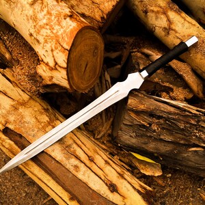 Peut inclure: Une &eacute;p&eacute;e argent&eacute;e et noire &agrave; lame tranchante repose sur une pile de b&ucirc;ches. L'&eacute;p&eacute;e pr&eacute;sente une poign&eacute;e envelopp&eacute;e de noir et une garde argent&eacute;e. Les b&ucirc;ches sont de tailles vari&eacute;es et pr&eacute;sentent un grain de bois naturel.