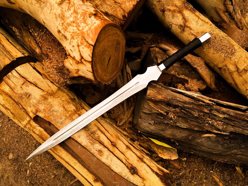 Peut inclure: Une &eacute;p&eacute;e argent&eacute;e et noire &agrave; lame tranchante repose sur une pile de b&ucirc;ches. L'&eacute;p&eacute;e pr&eacute;sente une poign&eacute;e envelopp&eacute;e de noir et une garde argent&eacute;e. Les b&ucirc;ches sont de tailles vari&eacute;es et pr&eacute;sentent un grain de bois naturel.