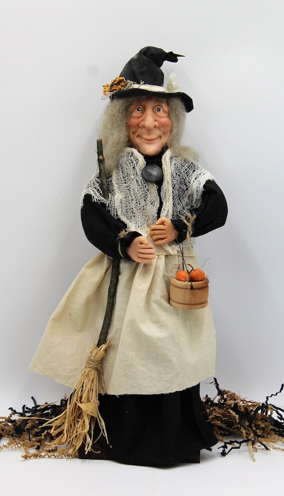 Polymer Clay Halloween Witch with Hat, Bucket Full Of Pumpkins and Broom