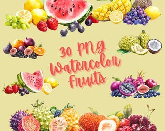 Watercolor fruit clipart, Tropical fruit illustrations, Colorful fruit PNG files, PNG, Fruit clipart for planners, Fruit clipart for logos