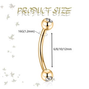 K&ouml;nnte beinhalten: Ein goldfarbenes, gebogenes Barbell-Piercing mit einem klaren Schmuckstein in jeder Endkugel. Der Text PRODUCT SIZE steht oben. Eine St&auml;rke von 16G (1,2 mm) und eine L&auml;nge von 6/8/10/12 mm sind mit Pfeilen und Beschriftungen markiert.