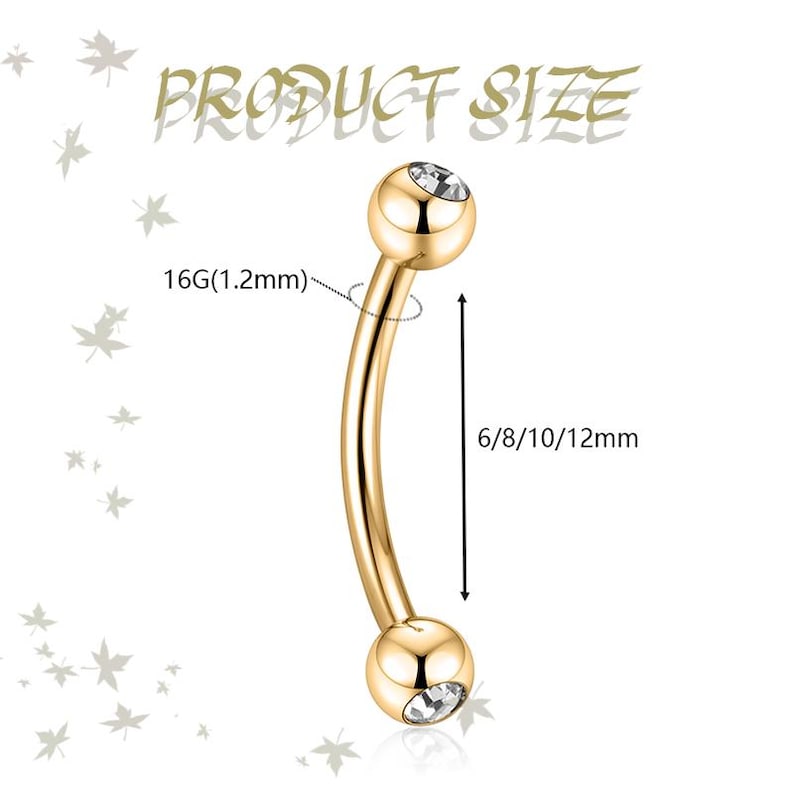 K&ouml;nnte beinhalten: Ein goldfarbenes, gebogenes Barbell-Piercing mit einem klaren Schmuckstein in jeder Endkugel. Der Text PRODUCT SIZE steht oben. Eine St&auml;rke von 16G (1,2 mm) und eine L&auml;nge von 6/8/10/12 mm sind mit Pfeilen und Beschriftungen markiert.