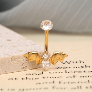 Gold Bat Belly Button Ring, Gothic Belly Piercing Jewelry, G23 Titanium CZ Navel Ring, Cute Halloween Belly Bar, Alternative Y2K Jewelry