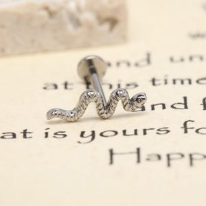 May include: A silver-toned metal body jewelry stud featuring a snake-shaped design. The snake is depicted in a horizontal, undulating position with textured scales along its body and a flat, circular backing post extending from the center.