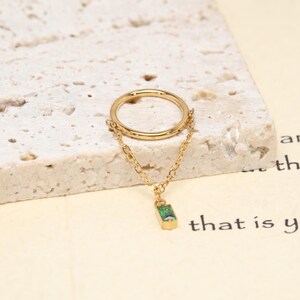 Gold Rectangle Green CZ Dangle Clicker Ring, 316L Surgical Steel Hinged Segment Hoop, Emerald Chain Septum Cartilage Piercing Jewelry