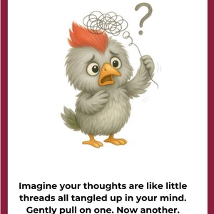 May include: Illustration of a confused cartoon bird with a red crest, gray feathers, and a yellow beak, holding a tangled thread. Text reads "FEELING CONFUSED?" and "Untangle the Thread."