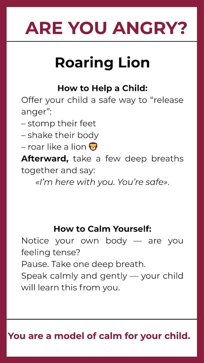 May include: A vertical sign with a white background and maroon borders. The text reads "ARE YOU ANGRY?" and provides guidance on managing anger, including "Roaring Lion" techniques for children and adults.