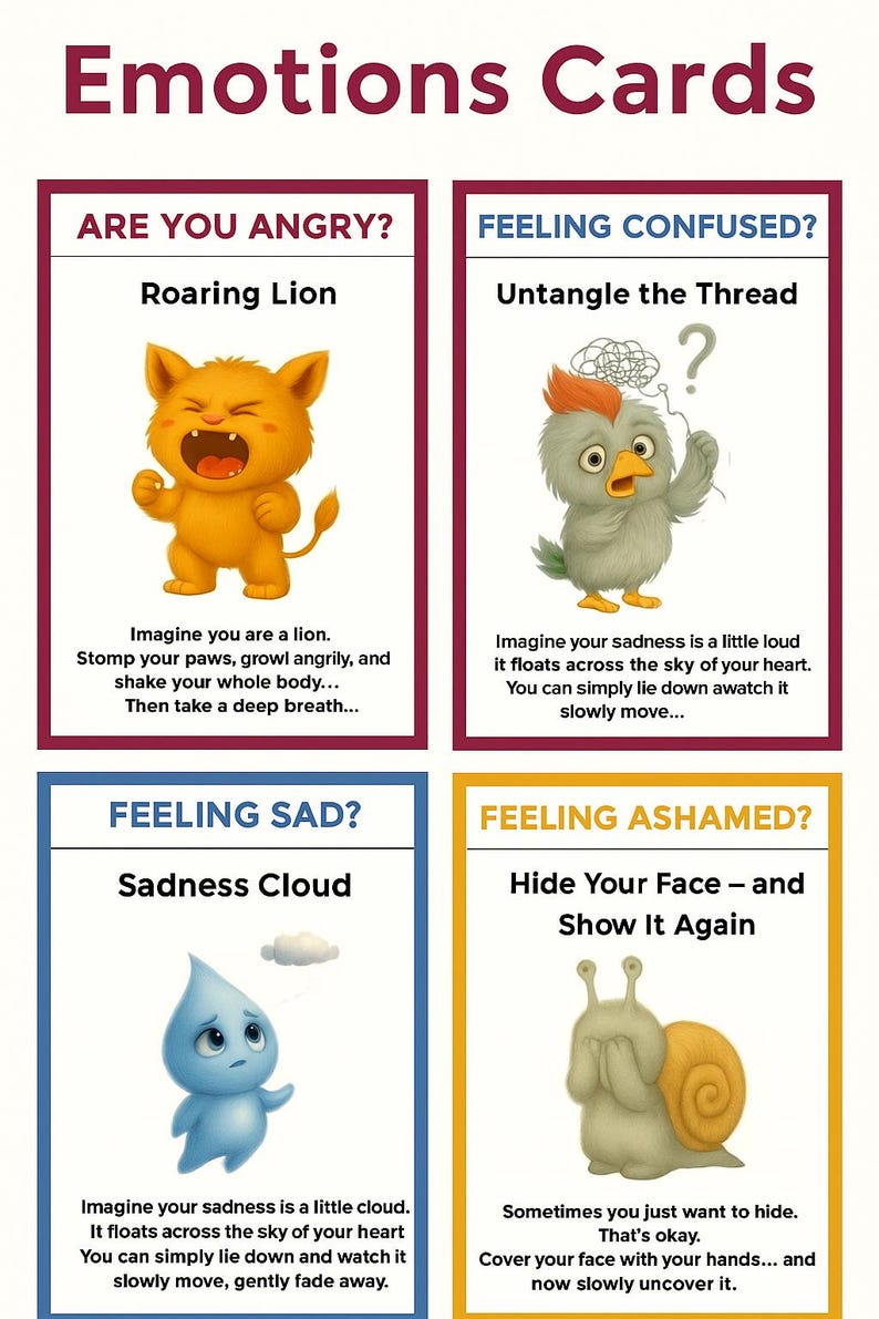 May include: Emotions Cards with illustrations depicting feelings. The cards include "Are You Angry?" with a roaring lion, "Feeling Confused?" with a bird, "Feeling Sad?" with a cloud, and "Feeling Ashamed?" with a snail.