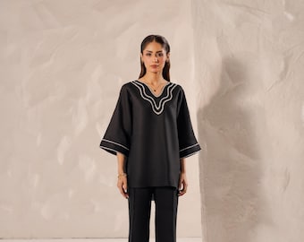 Black Linen Maxi Set: Embroidered Boho Top & Wide-Leg Pants