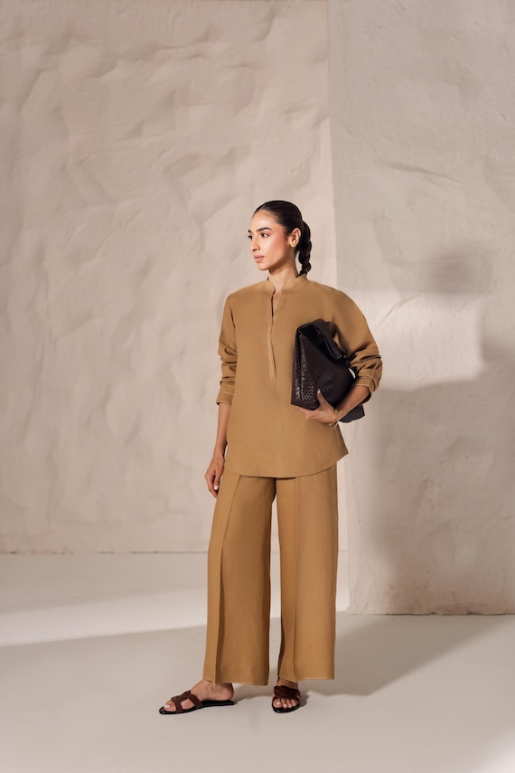 Linen Blend Tunic & Trouser Set: Sand Brown Minimalist Outfit