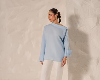 Blue Linen Blend Asymmetric Tunic Top: Boho Two-Piece Summer Outfit