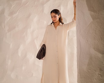 Cream Linen Longline Kaftan Dress: Women's Button Down Gown with Pockets