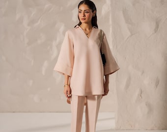 Blush Linen 2-Piece Set: V-Neck Tunic & Straight-Leg Pants