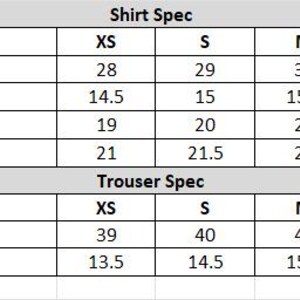 May include: A detailed chart titled "Shirt Spec" and "Trouser Spec" with measurements for shirt and trouser sizes XS to XL. The chart includes measurements for shirt length, shoulder, bust, sleeve length, trouser length, and trouser waist.
