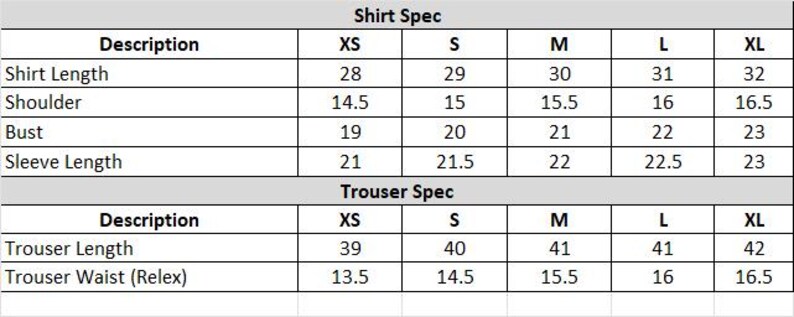 May include: A detailed chart titled "Shirt Spec" and "Trouser Spec" with measurements for shirt and trouser sizes XS to XL. The chart includes measurements for shirt length, shoulder, bust, sleeve length, trouser length, and trouser waist.