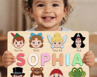 Personalized Peter Pan Name Puzzle, Custom Wooden Name Puzzle for Kids, Disney Nursery Decor, Montessori Wooden Toy